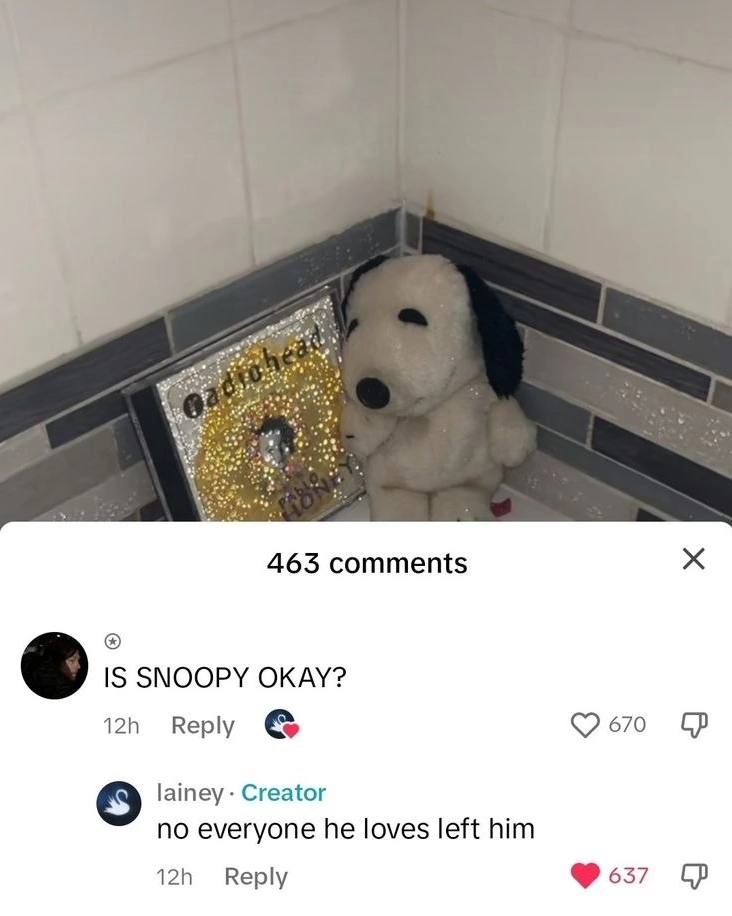 463 comments IS SNOOPY OKAY? Reply 670 lainey Creator no everyone he loves left him Reply 637