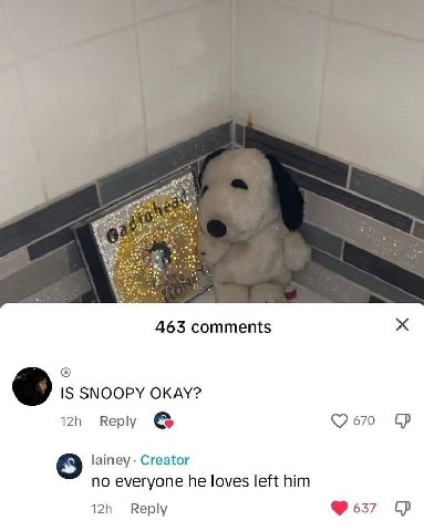 463 comments IS SNOOPY OKAY? Reply 670 lainey Creator no everyone he loves left him Reply 637