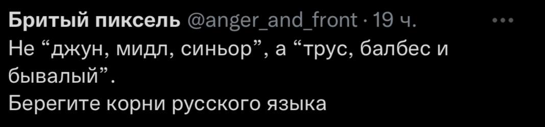 Бритый пиксель @anger and 19 Не “джун, мидл, синьор”, а “трус, балбес и бывалый”. Берегите корни русского языка