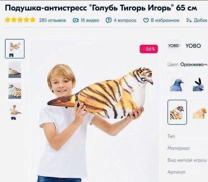Подушка-антистресс "Голубь Тигорь Игорь" 65 285 отзывов 18 видео 4 вопроса В избранное Добае Sax YOBO Цвет: Оранжево-ч Tun Материал Вид мягкой игруш Артикуп