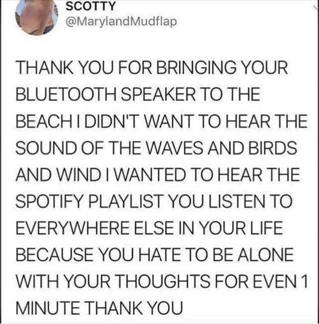 @MarylandMudflap THANK YOU FOR BRINGING YOUR BLUETOOTH SPEAKER TO THE BEACH DIDN'T WANT TO HEAR THE SOUND OF THE WAVES AND BIRDS AND WIND WANTED TO HEAR THE SPOTIFY PLAYLIST YOU LISTEN TO EVERYWHERE E