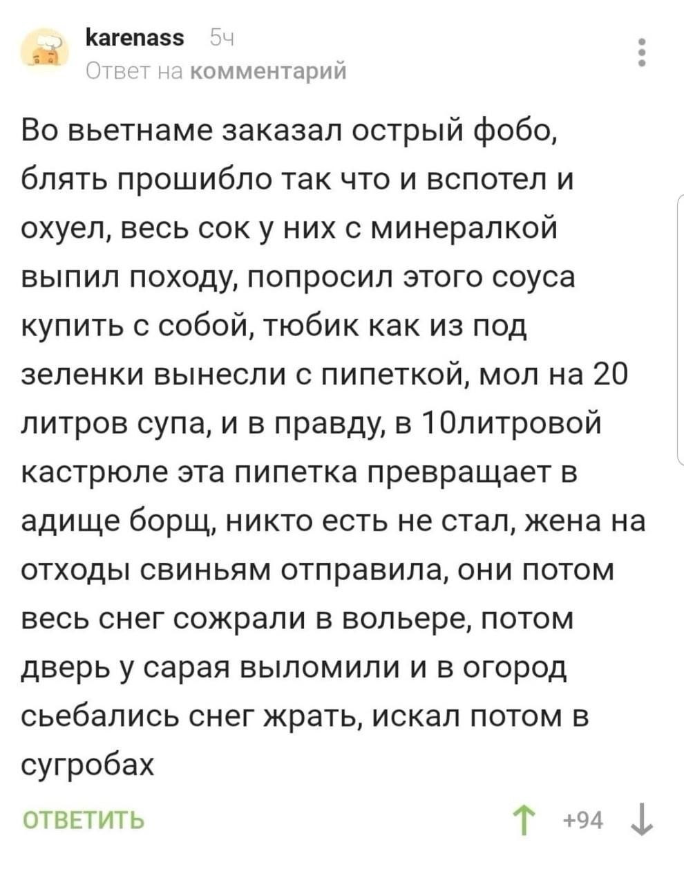 С karenass 54 ответ комментарии Во вьетнаме заказал острый фобо, блять прошибло так что и вспотел и охуел, весь сок у них с минералкой выпил походу, попросил этого соуса купить с собой, тюбик как из п
