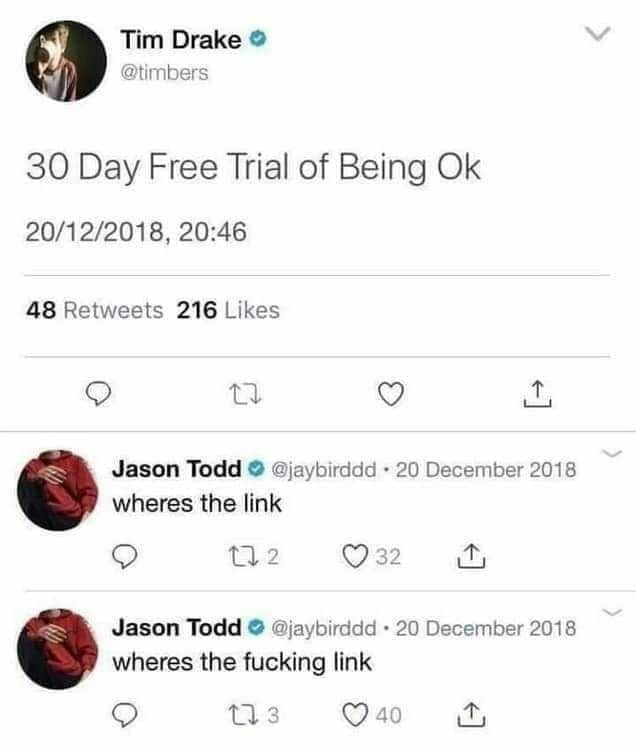 Tim Drake @timbers 30 Day Free Trial of Being 20/12/2018, 20:46 48 Retweets 216 Likes Jason Todd @jaybirddd 20 December 2018 У wheres the link 32 Jason Todd @jaybirddd 20 December 2018 wheres the fuck