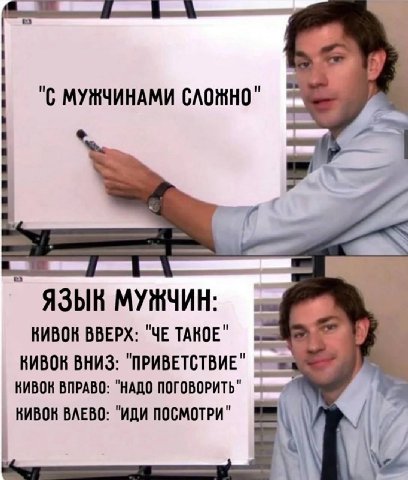 "С МУЖЧИНАМИ СЛОЖНО" 2a МУЖЧИН: КИВОК ВВЕРХ: "ЧЕ ТАКОЕ" КИВОК ВНИЗ: "ПРИВЕТСТВИЕ" КИВОК ВПРАВО: "НАДО ПОГОВОРИТЬ" ИВОН ВЛЕВО: "ИДИ ПОСМОТРИ" В