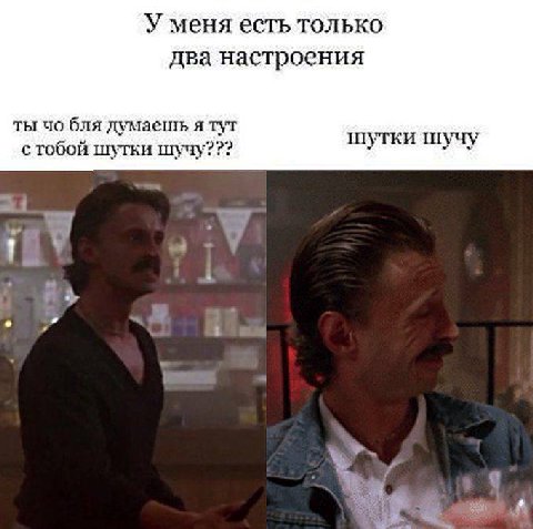 У меня есть только два настроения ты бля я тут с тобой шутки шучу??? шутки шучу 1