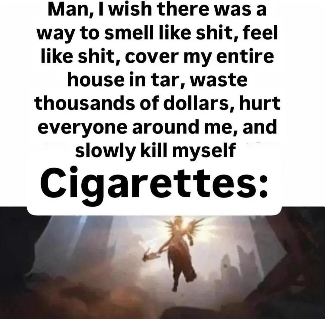 Man, wish there was а way to smell like shit, feel like shit, cover my entire house in tar, waste thousands of dollars, hurt everyone around me, and slowly kill myself Cigarettes: