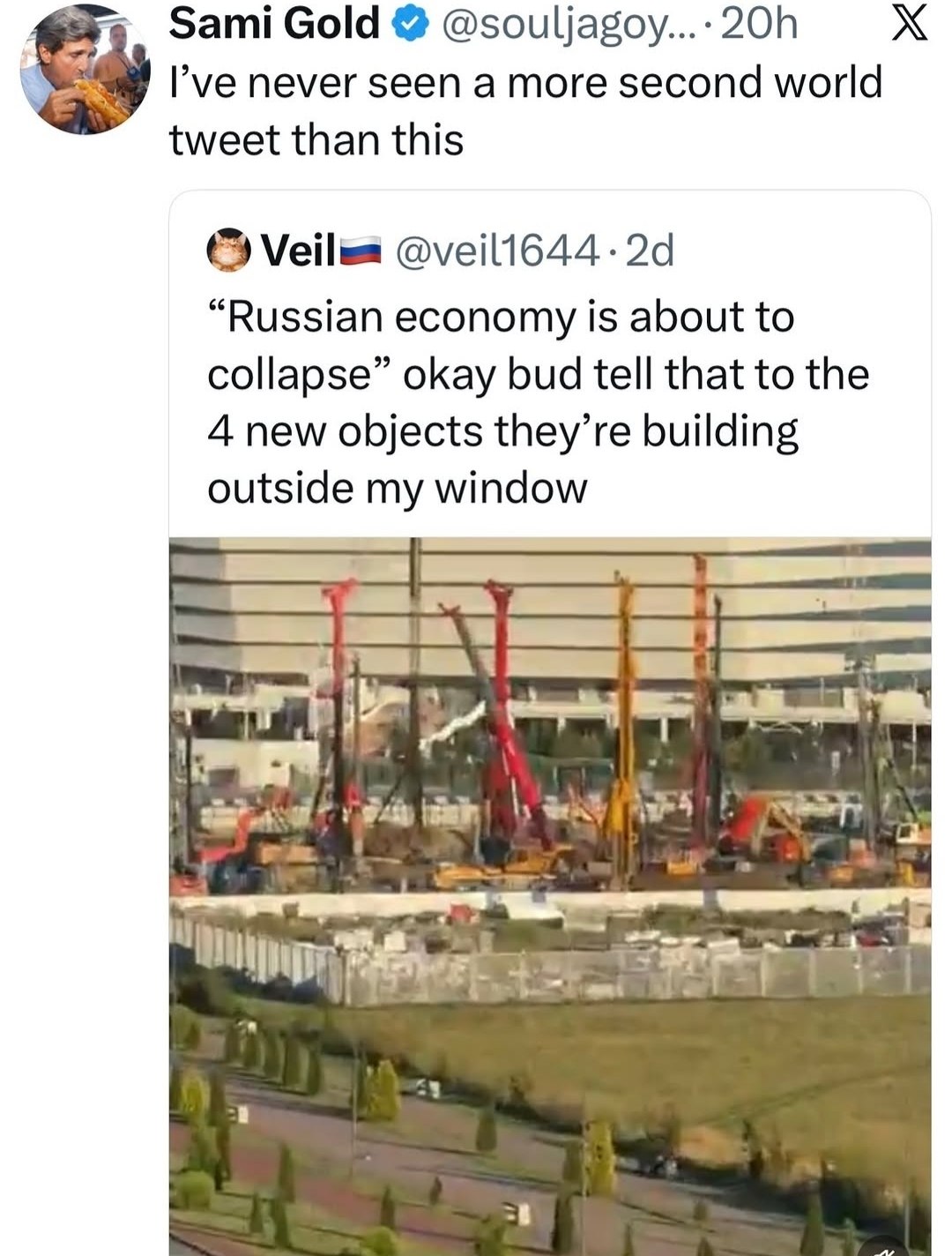 Sami Gold @souljagoy...- I’ve never seen a more second world tweet than this @veil1644-2d “Russian economy is about to collapse” okay bud tell that to the 4 new objects they’re building outside my win