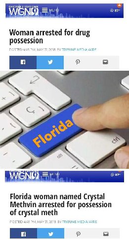 5: 87 Woman arrested for drug possession POSTED 4:49 MAY 31, 2018, TRIBUNE MEDIA WIRE MENU 87° Florida woman named Crystal Methvin arrested for possession of crystal meth POSTED 4:49 MAY 31, 2018, TRI
