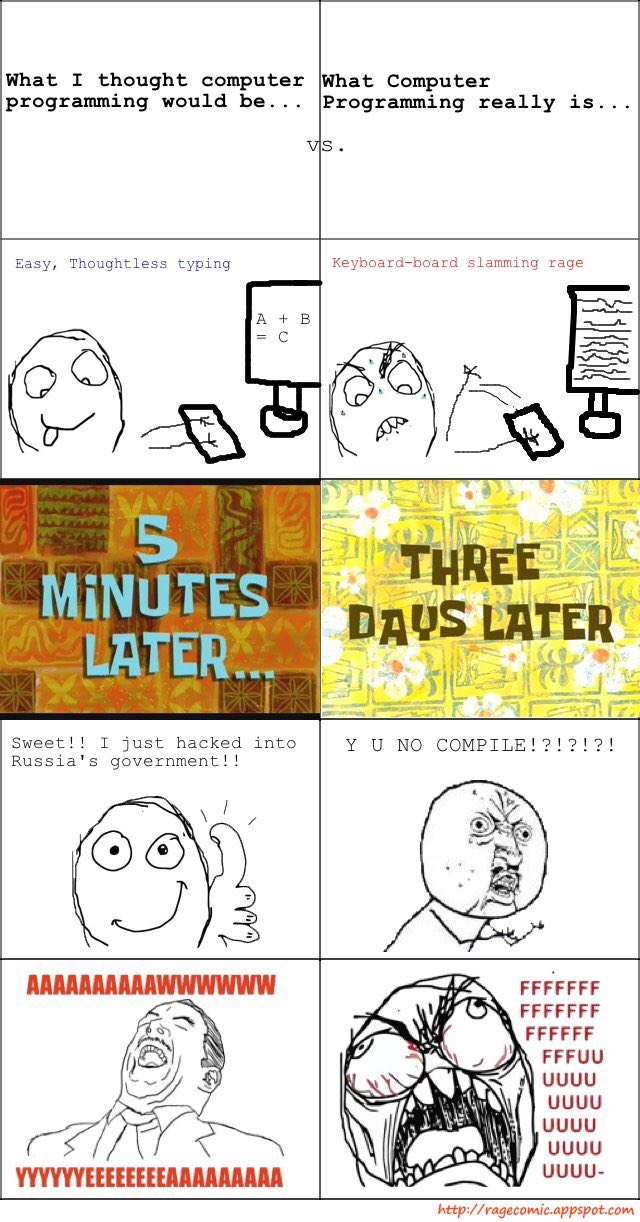 What I thought computer |What Computer programming would be... |Programming really is... Sis Easy, Thoughtless typing Keyboard-board slamming rage a i AN MiNUTES inte LATER A К... Sweet!! I just hacke