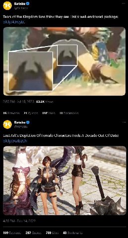 Kotaku Tears of the Kingdom fans think they see Link’s well-endowed package: 52.5К 15 21 137 11 ЕЕ Kotaku Lost Ark's Depiction Of Female Characters Feels A Decade Out Of Date: у 109 287 789 43