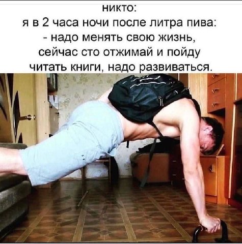 Никто: я в 2 часа ночи после литра пива: надо менять свою жизнь, сейчас сто отжимай и пойду читать книги, надо развиваться. i