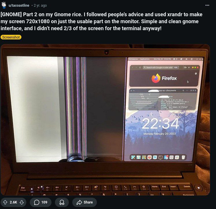 u/tacoastline [GNOME] Part 2 on my Gnome rice. followed advice and used хгапаг to make my screen on just the usable part on the monitor. Simple and clean gnome interface, and didn't need 2/3 of the sc