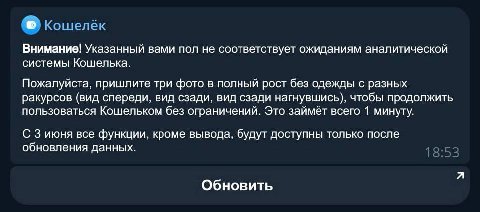 и Внимание! Указанный вами пол не соответствует ожиданиям аналитической системы Кошелька. Пожалуйста, пришлите три фото в полный рост без одежды с разных ракурсов (вид спереди, вид сзади, вид сзади на