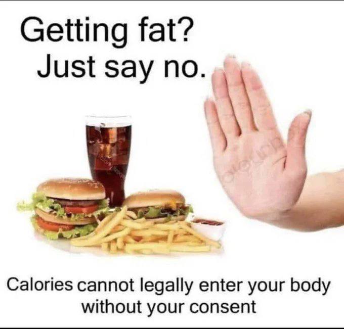 Getting fat’? Just say no. Calories cannot legally enter your body without your consent