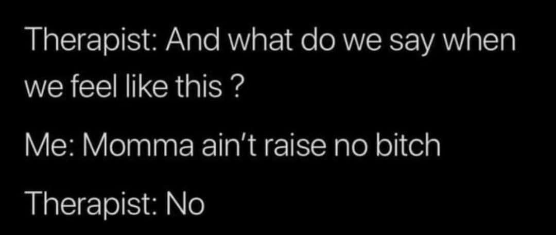 Therapist: And what we say when we feel like this Me: Momma ain't raise no bitch Therapist: No