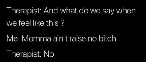 Therapist: And what we say when we feel like this Me: Momma ain't raise no bitch Therapist: No