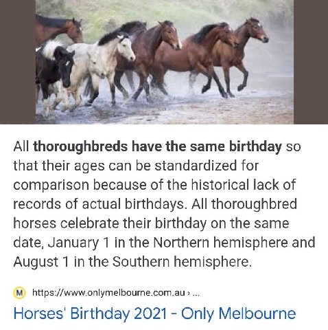 All thoroughbreds have the same birthday so that their ages can be standardized for comparison because of the historical lack of records of actual birthdays. All thoroughbred horses celebrate their bi