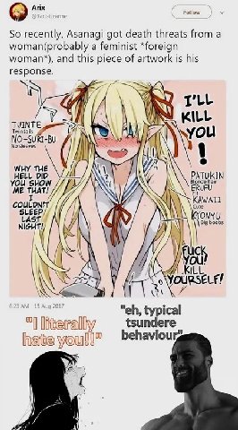 Рой Arix So recently, Asanagi got death threats from a woman(probably a feminist *foreign and this piece of artwork is his response. Я T'LL KILL TUINTE Twintails Ж NO-SURI-BU No sleeves WHY HELL TUKIN