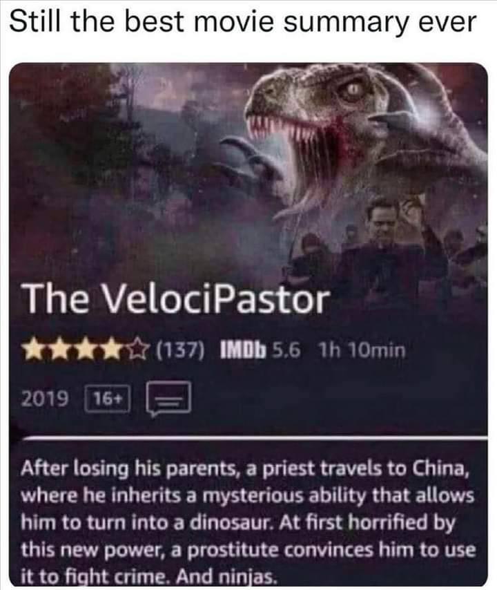 Still the best movie summary ever The VelociPastor After losing his parents, а priest travels to China, Where Не а that allows hin to a At first this new power, а prostitute convinces Вии to use И frq