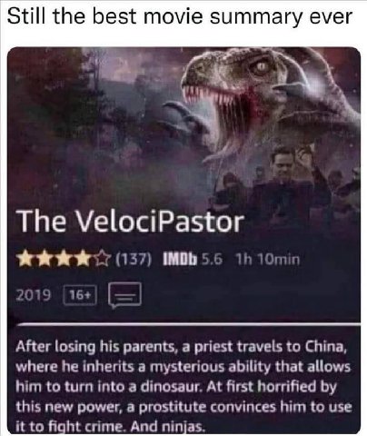 Still the best movie summary ever The VelociPastor After losing his parents, а priest travels to China, Where Не а that allows hin to a At first this new power, а prostitute convinces Вии to use И frq
