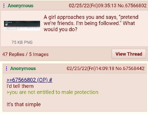 Anonymous 02/25/22(Fri)09:35:13 No.67566802 A girl approaches you and says, "pretend we're friends. being followed." What you 75 PNG 47 Replies 5 Images View Thread Anonymous 02/25/22(Fri)14:09:18 No.