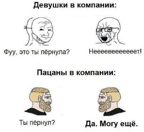 Девушки в компании: Фуу, это ты пёрнула? Пацаны в компании: Cas Ты пёрнул? Да. Могу ещё.