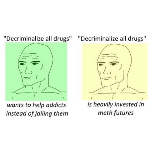 "Decriminalize all drugs" "Decriminalize all drugs" is heavily invested in wants to help addicts instead of jailing them meth futures