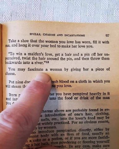 SPELLS, CHARMS AND INCANTATIONS 97 Take a shoe that the woman you love has worn, fill it with and hang it over your bed to make her love you, “To win a maiden’s love, get a hair and a pin off her perc