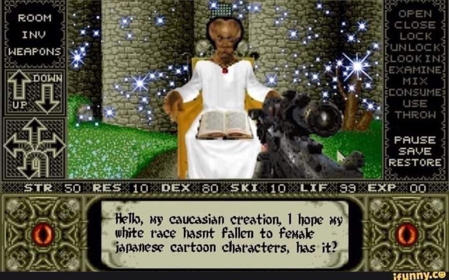 в I НЕВРАНЕ 3% у ж" ж и SAE RESTORE STR RES {0 DEX 20 SKI {0 LIF 34 EXP ну caucasian creation, 1 hope white race hasnt fallen to cartoon characters, has: и