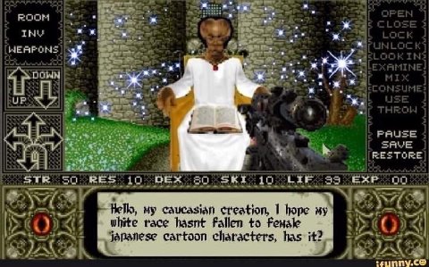 в I НЕВРАНЕ 3% у ж" ж и SAE RESTORE STR RES {0 DEX 20 SKI {0 LIF 34 EXP ну caucasian creation, 1 hope white race hasnt fallen to cartoon characters, has: и