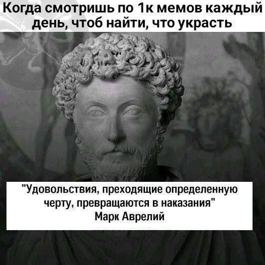 Когда смотришь по мемов каждый день, чтоб найти, что украсть "Удовольствия, преходящие определенную черту, превращаются в наказания" Марк Аврелий