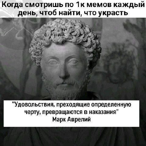 Когда смотришь по мемов каждый день, чтоб найти, что украсть "Удовольствия, преходящие определенную черту, превращаются в наказания" Марк Аврелий