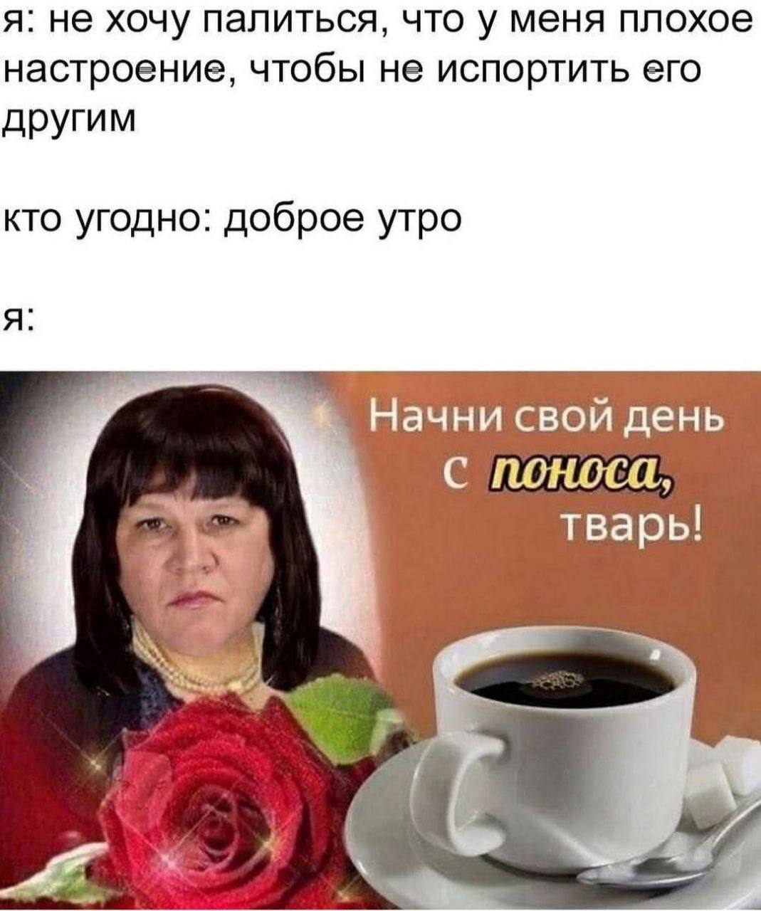 я: не хочу палиться, что у меня плохое настроение, чтобы не испортить его другим кто угодно: доброе утро A Начни свой день С поноса, тварь!