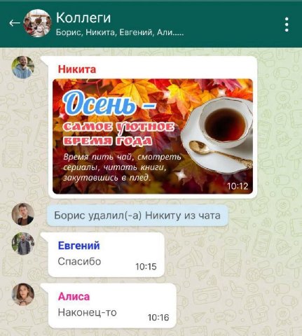 Коллеги Борис, Никита, Евгений, Али Никита 0 Время numb смотреть сериалы, читать книги, закутавшись 10:12 Борис удалил(-а) Никиту из чата Евгений Спасибо 10:15 Алиса Наконец-то 10:16