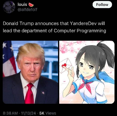 А louis @alfdefolf Donald Trump announces that YandereDev will lead the department of Computer Programming IN 11/13/24 Views
