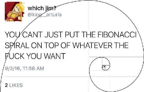 which @kin атипа YOWCANT JUST PUT THE FIBONACCI SPIRAL ON TOP OF WHATEVER THE UCK YOU WANT 9/3/16, 11:58 2 LIKES
