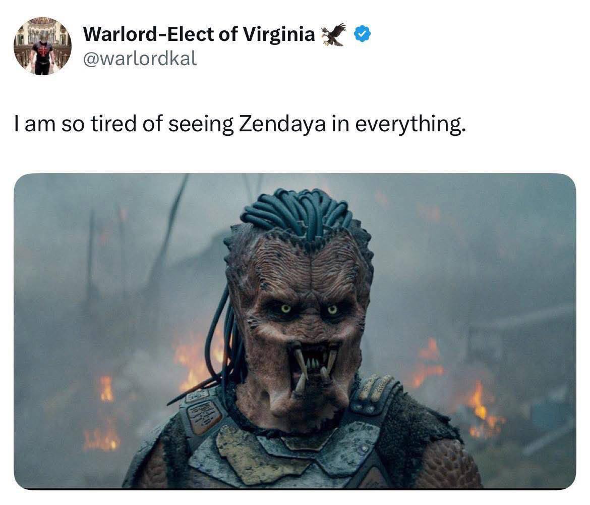 Warlord-Elect of Virginia @warlordkal Гат so tired of seeing Zendaya in everything
