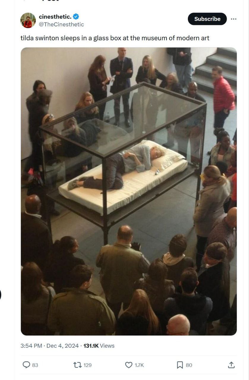 cinesthetic. @TheCinesthetic tilda swinton sleeps a glass box at the museum of modern art ‘A 3:54 Dec 4, 2024 1З1АК Views 129 во