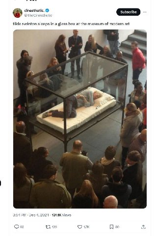 cinesthetic. @TheCinesthetic tilda swinton sleeps a glass box at the museum of modern art ‘A 3:54 Dec 4, 2024 1З1АК Views 129 во