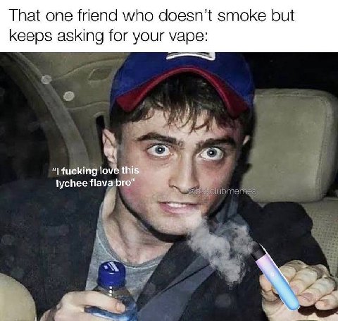 That one friend who doesn’t smoke but keeps asking for your vape: fucking love this lychee flava bro”