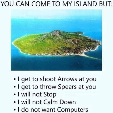 YOU CAN COME TO MY ISLAND BUT: get to shoot Arrows at you get to throw Spears at you will not Stop will not Calm Down not want Computers