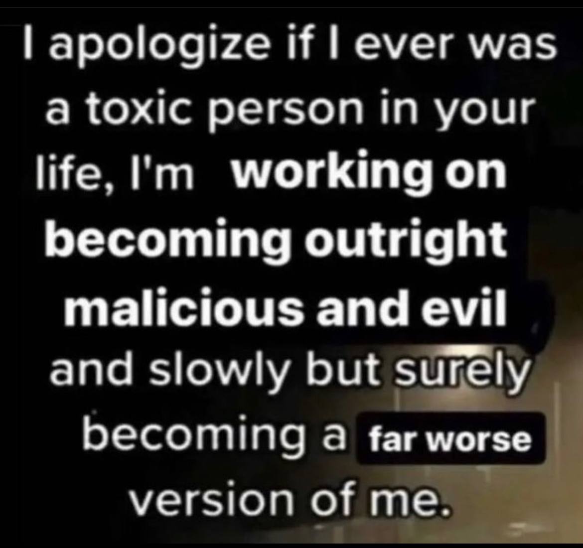 apologize if ever was a toxic person in your life, working on becoming outright malicious and evil and slowly but surely becoming a far worse version of me.