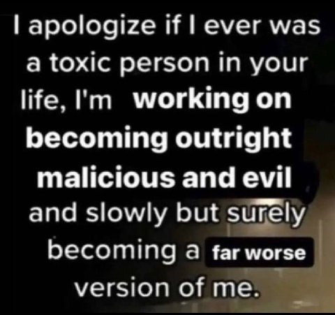 apologize if ever was a toxic person in your life, working on becoming outright malicious and evil and slowly but surely becoming a far worse version of me.