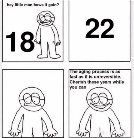 hey little man hows it goin? 22 18 fast as it is unreversible. aging process Is as Cherish these years while you can
