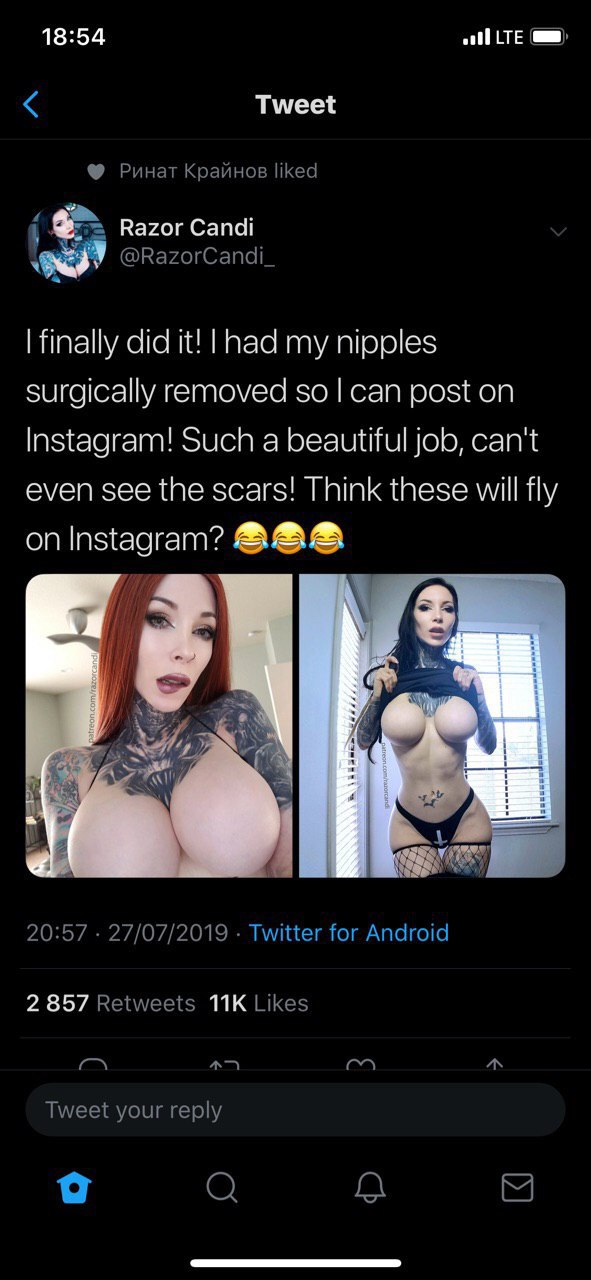 18:54 Tweet Ринат Крайнов liked Razor Сапа! @RazorCandi_ finally did it! had my nipples surgically removed so can post on Instagram! Such a beautiful job, can't even see the scars! Think these fly on 