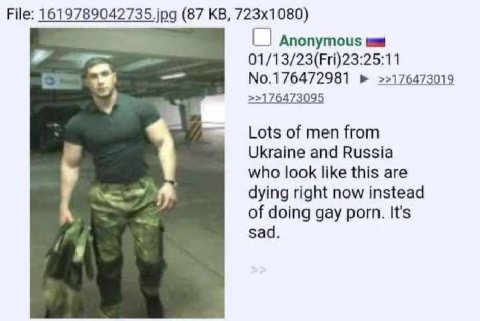 File: (87 Anonymous 01/13/23(Fri)23:25:11 No.176472981 >>176473019 Lots of men from Ukraine and Russia who look like this are dying right now instead of doing gay porn. It's sad.