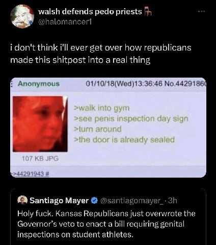 walsh defends pede priests i don't think ever get over how republicans made this shitpost into a real thing по дут >see penis inspection day sign >tum around >the door sealed 107 JPG Santiage Mayer Ho