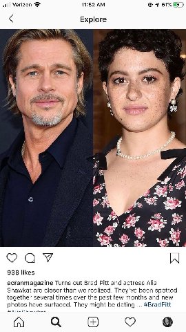 Verizon 11:52 Я 61% Explore 4 Ngo 7 at У 938 likes ecranmagazine Turns out Brad Pitt and actress Alia Shawkat are closer than we realized. been spotted together several times over the past few months 