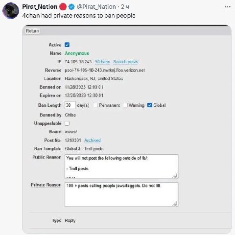 Pirat Nation @Pirat_Nation 2 Achan had private reasons to ban people Return Active Name Anonymous 74.105.18.243 bans Search posts Reverse pool-74-105-18-243 nwrknj.fios.verizon.net Location Hackensack
