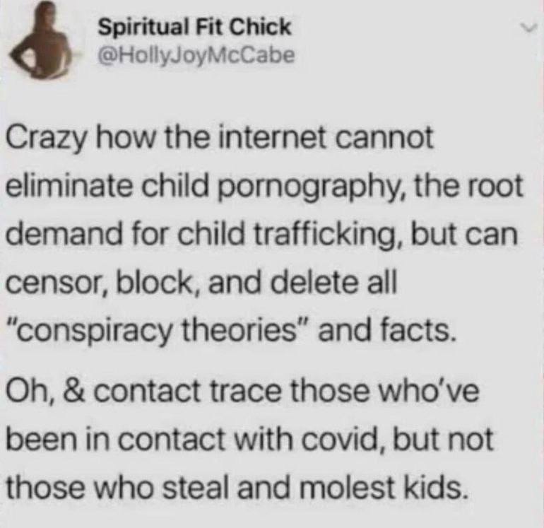 Spiritual Fit Chick @HollyJoyMcCabe Crazy how the internet cannot eliminate child pornography, the root demand for child trafficking, but can censor, block, and delete all “conspiracy theories” and fa